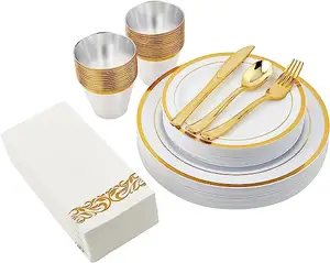 350pcs plastic dinnerware set-50 Guest- 50 Appetizer Plates- 20 Plastic Silverware -50 Plastic Cup-50 Napkin