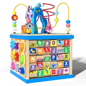 몬테소리 나무 동물 활동 큐브 | 보물 상자 구슬 미로 게임 | 어린이를위한 모양 맞추기 교육 장난감