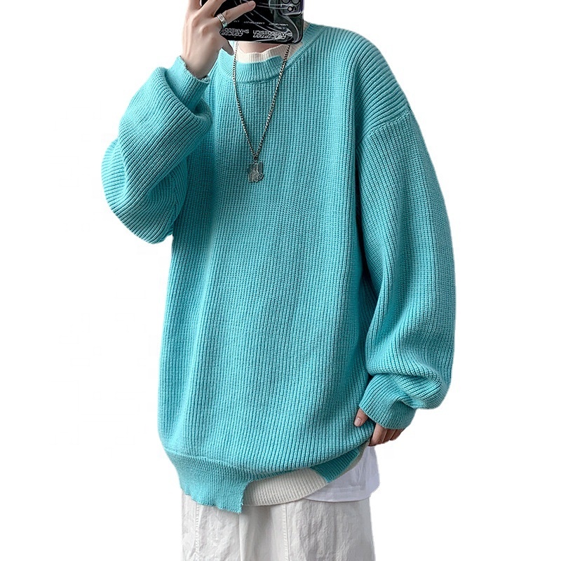 JL-92903 Вязанный свитер сплошная комбинация цветов свитера очень большого размера; Мужская Дизайнерская, вырез лодочкой, с нежно-синий свитер с круглым вырезом