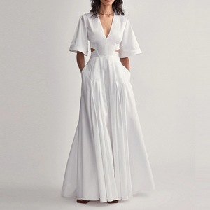 2023 Plain Ladies Summer Clothing V Neck Show Back Waist Pure <strong>White</strong> <strong>Maxi</strong> Pleated Elegant Gentle Women's Dress - Product Image 1