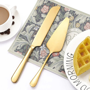<span class=keywords><strong>QZQ</strong></span> Outils de pâtisserie pour fêtes et mariages, en acier inoxydable doré, couteaux à pizza et à fromage, couteau à gâteau, ensemble de couverts dorés - Product Image 4