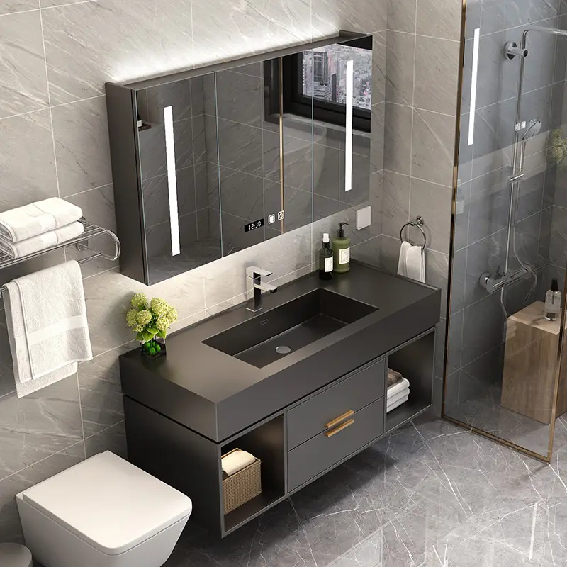 ห้องน้ำอุปกรณ์ลิ้นชักไม้และ Carrara Marble สีขาว Lacquer ห้องน้ำ Vanity