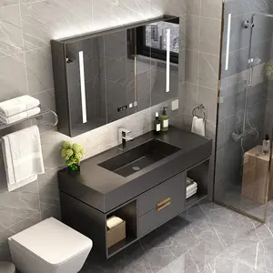 Équipement de salle de bain Tiroir de rangement de luxe en bois massif et marbre de Carrare Laque blanche Vanité de salle de bain