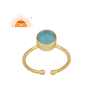 Round Aqua Chalcedony Gemstone Ring Texture Finish Gold Plated Sterling Silver Girls Ring Jewelry Manufacturer - Product Image 1