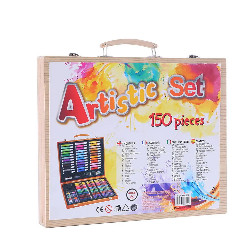 XinyiArt 150 Pieces Wooden Kids Art Kit Deluxe Artist Drawing Painting Set Portable Case with Oil Pastels Crayons