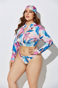 S-5XL 2023 femmes grande taille manches longues fermeture éclair haut cravate die flore coloré 3 pièces bikini ensemble maillot <span class=keywords><strong>de</strong></span> <span class=keywords><strong>bain</strong></span> avec bandeau - Product Image 2