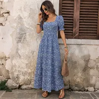 Robe longue unie élégante pour femme, coupe ajustée, col carré, manches bouffantes, tissu léger, toutes saisons, vente en gros