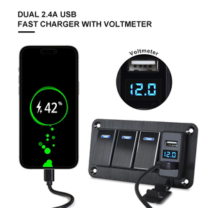 Bảng điều khiển công tắc rocker chống nước bằng nhôm/kim loại 4 Gang với đồng hồ đo điện áp bộ sạc USB kép 4.8A cho thuyền 12V/24V <span class=keywords><strong>DC</strong></span> - Product Image 2