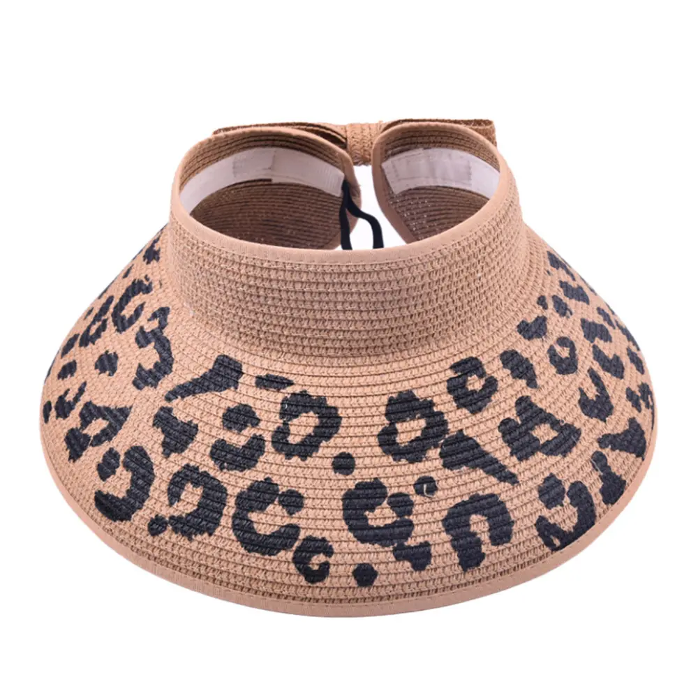 Estivo a tesa larga leopardata visiera da spiaggia protezione UV da viaggio cappello da sole cappello di paglia visiera da donna