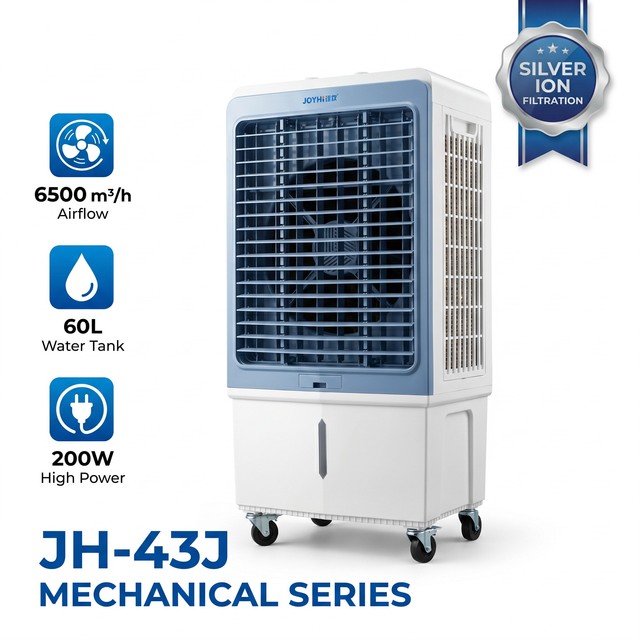 JH-43J 60L Evaporative Air Cooler 6500m³/h 200W Mechanical Knob Control, 3 Speed Levels & Silver Ion Filter, OEM/ODM Available