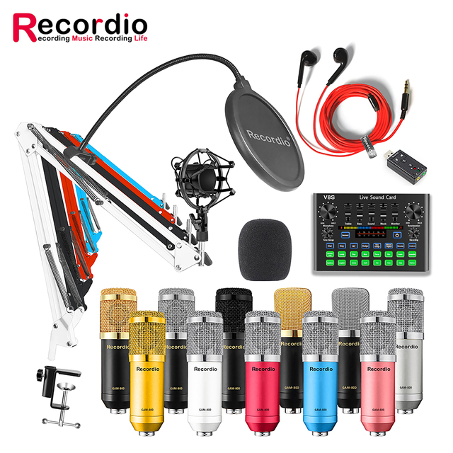 GAM-800SS Professional Condenser Microphone with Sound Card Set Uni-directional Noise Cancelling for Live Broadcast