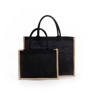 Custom Black Jute Shopping Tote <b>Bag</b> Print Logo Large Capacity Beach <b>Burlap</b> Linen Pattern Large Capacity Black Beach <b>Burlap</b> Linen - Product Image 3