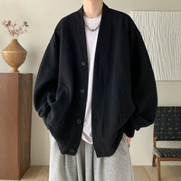 Cardigan Minimalista Stile Giapponese per Uomo, Casual Oversize con Scollo a V, Texture Waffle, Spalle Cadenti, Giacca Cardigan Tinta Unita