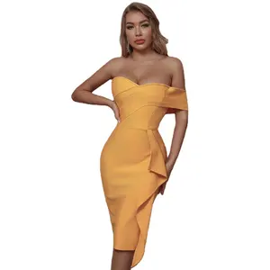 Sesidy Off Shoulder Bandage Dress High Quality Woman Clothing Yellow Solid Strapless Evening Dress Silk Clothing Wed Dresses