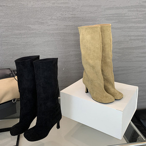Factory Direct Supply 2026 New Style Elegant Simple <b>High</b> Heel Round Toe Tall Boots Versatile Solid Color Slip-on Boots - Product Image 1