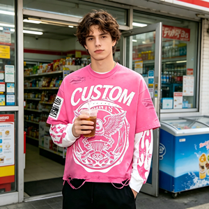 Camiseta de manga larga para <span class=keywords><strong>hombre</strong></span>, personalizada, de 300GSM, de corte holgado y estilo retro urbano, con lavado ácido y efecto desgastado - Product Image 2