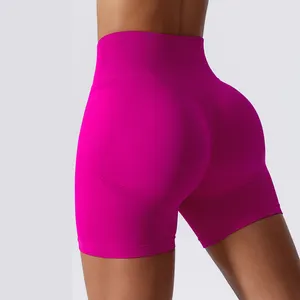 Seamless ribbed red nylon workout women v back scrunch butt shorts