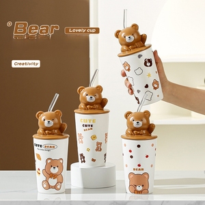 Creatieve schattige knuffelbeer keramische mok met hoge kwaliteit en deksel, meisjeshart koffiemok, verjaardagscadeau - Product Image 1