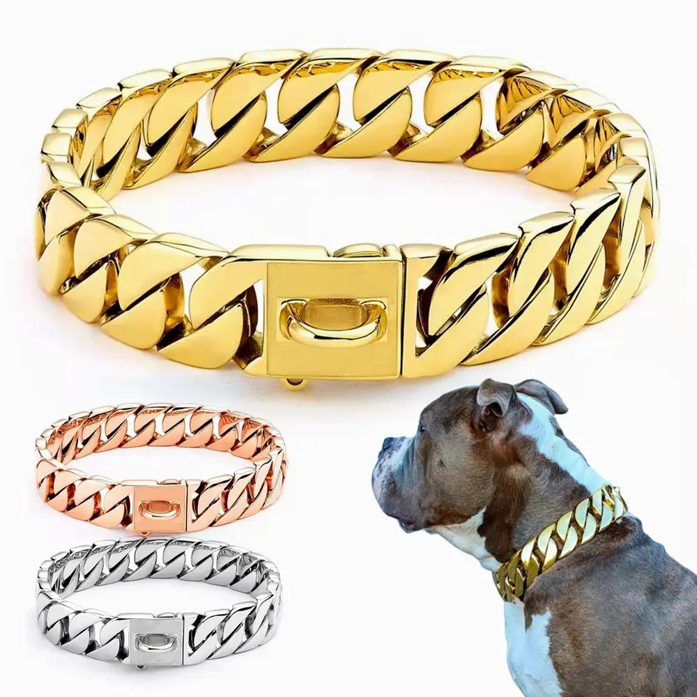 Atacado pet cão acessórios chunky heavy duty grande aço inoxidável metal ouro cubano link dog chain dog collar