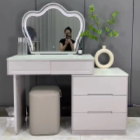 Coiffeuse moderne avec plateau en cristal, miroir LED et grand coffre de rangement, ensemble de table de maquillage avec tabouret pour la vente en gros