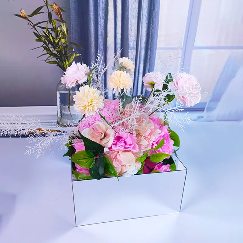 מלבן זהב אקריליק מעמד פרחים מראות עמוד כסף מעמד פרחים למסיבת חתונה עיצוב שולחן מרכזי