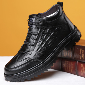 Bottes d'hiver pour hommes en cuir véritable, bout rond, doublure en fourrure, semelle en caoutchouc antidérapante, bottes chaudes pour la neige - Product Image 1