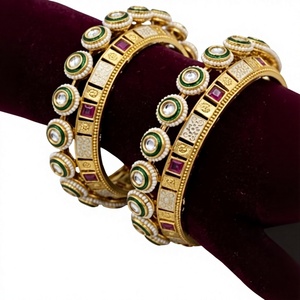 Luxury <b>Gold</b> Plated <b>Bangle</b> Bracelets <b>Set</b> With Pearls And Zircon Stones For Women Wedding Party Classic Style Jewelry - Product Image 2