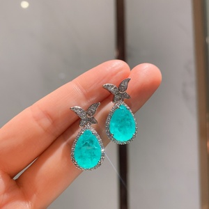 Fashionable Eco-friendly Copper Pear Cut 15*25mm Blue Zircon Teardrop Pendant and <b>Earrings</b> <b>Set</b> Butterfly Jewelry <b>Set</b> for Women - Product Image 4