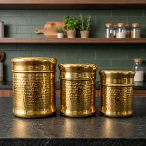 Juego de 3 Recipientes Redondos de Metal Dorado Martillado para Especias con Tapa, Contenedores Modernos para Almacenamiento de Alimentos - Product Image 6