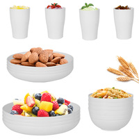 Ensemble de vaisselle en paille de blé blanche et plastique PP, compatible micro-ondes, comprenant assiette, bol à soupe et tasse à eau - Pour la maison et l'extérieur