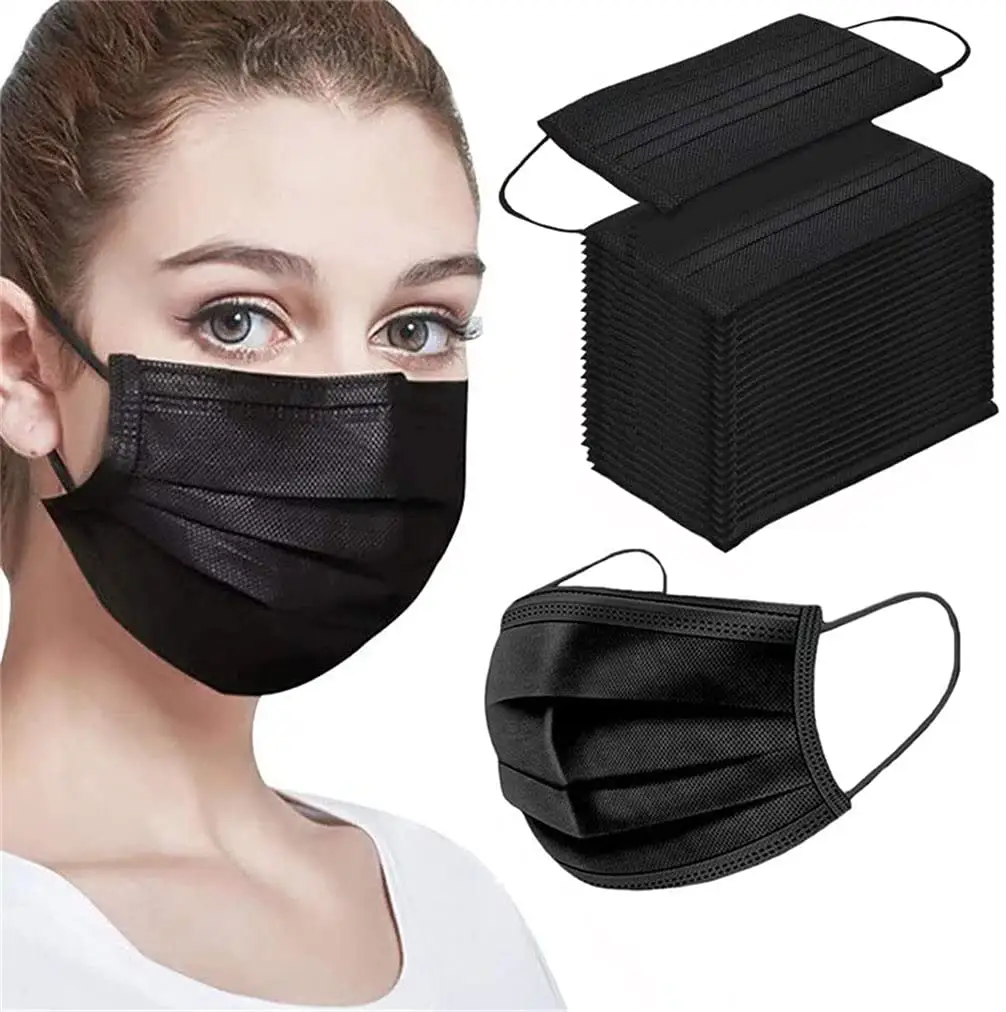 Máscara facial descartável personalizada, máscara facial preta em 3 cores lisas com logotipo personalizado, máscara descartável
