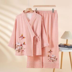 Pigiama da <span class=keywords><strong>Donna</strong></span> in Tencel e Lino di Nuovo Stile, a Maniche Lunghe, con Laccetti e Motivi Floreali, per Primavera Estate Autunno - Product Image 2