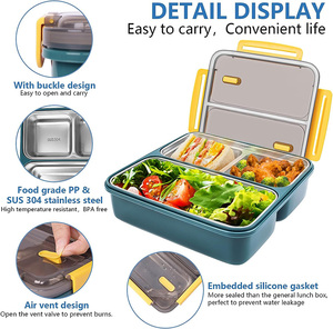 BPA miễn phí và máy rửa chén an toàn thực phẩm lưu trữ Container 3 ngăn thép không gỉ lót bên trong Bento Hộp Ăn Trưa - Product Image 4