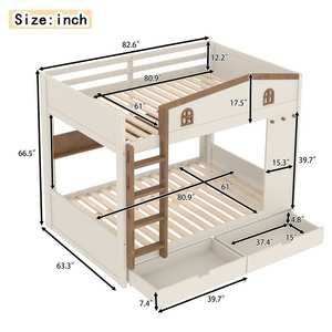 Modern House-shaped Solid Wood Bunk <strong>Bed</strong> with Hooks Storage Shelves Safety Guardrails Optional <strong>Underbed</strong> Drawers or Trundle <strong>Bed</strong> - Product Image 6