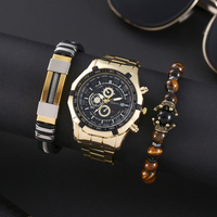 LP56 Nouvel ensemble combiné pour hommes, montres à quartz tendance avec calendrier et bracelet en acier, coffret cadeau 3 pièces avec boîte