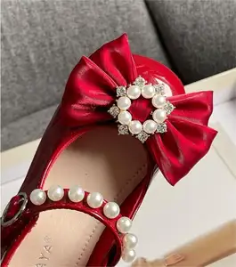 Primavera otoño antideslizante goma negro princesas zapato encantos arco perla niños zapatos niñas para vestido de boda zapatos