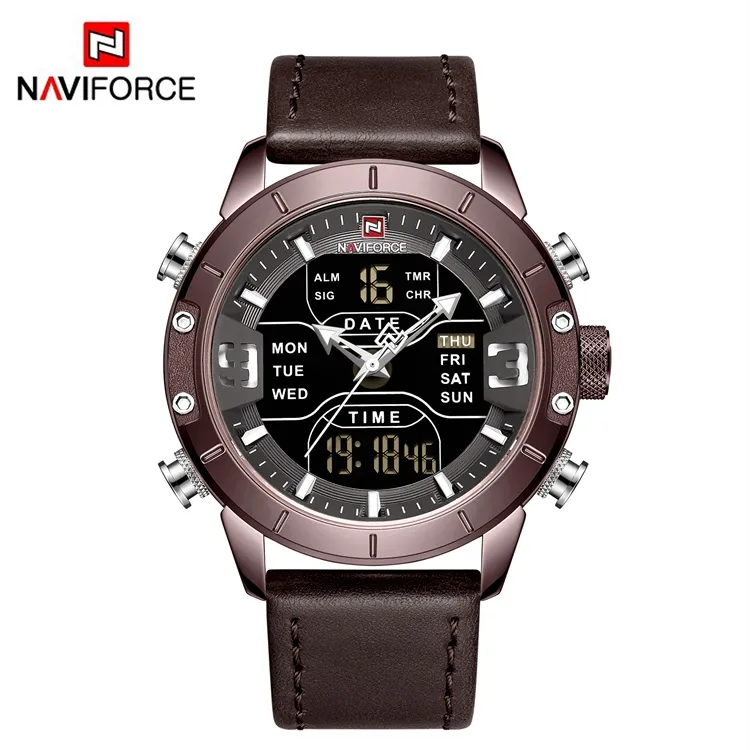 NAVIFORCE NF9153L Men Watch Sport Quartz Waterproof Wristwatch Countdown Leather Watch Mens Tactical Watches