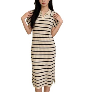 Abito Estivo da Donna Casual Slim-Fit a Mezza Lunghezza a Righe <span class=keywords><strong>con</strong></span> <span class=keywords><strong>Spacco</strong></span>, Colletto Risvoltato e Maniche Corte in Fresco Seta Acrilica - Product Image 5