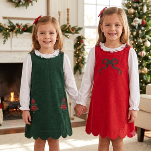 Girls Christmas <strong>Dress</strong> Matching Corduroy Outfits Red Green Festive Holiday Wear Scallop Hem Corduroy Toddler Jumper <strong>Dress</strong> - Product Image 1