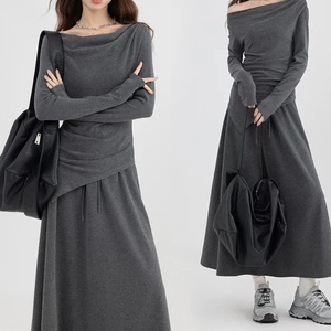 Ensemble 2 pièces décontracté pour femmes, haut asymétrique à épaules dénudées à manches longues et jupe longue, tendance - Product Image 5