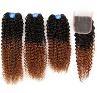 Cheveux Remy humains 1B/BUG # Afro Kinky Curly Bundles de cheveux avec fermeture 16 ''18" 20 "Armure de cheveux synthétiques Double trame