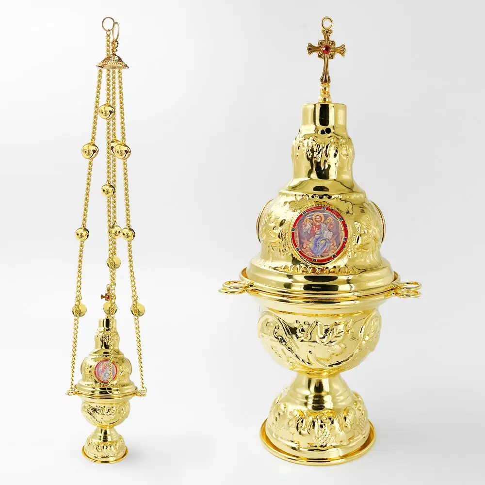 HT Vente en gros Décoration d'église Brûleur d'encens plaqué or Encens catholique Outils de parfum orthodoxe