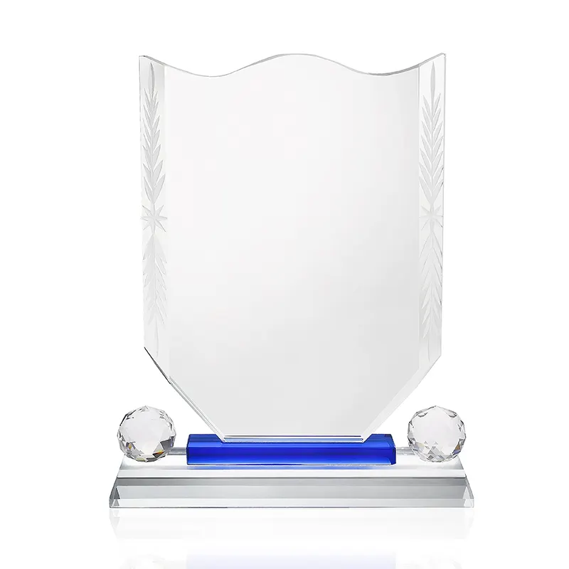 Fabricantes Suministro directo Premio de cristal transparente Placa al por mayor Trofeo de vidrio con doble base azul