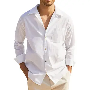 Camicia da uomo con colletto cubano oversize a maniche lunghe personalizzata camicie in cotone tinta unita abbottonate