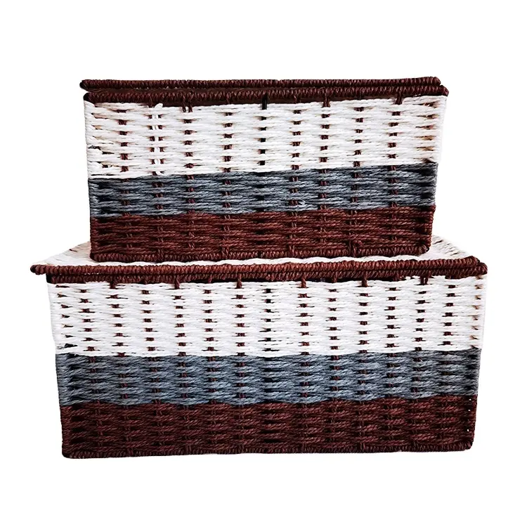 Rectangular Paper Rope Wicker Storage Basket With Lid And Insert Handles For Organizing Bedroom Bathroom Laundry Room