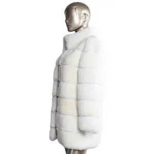 winter real rex rabbit fur coat with fluffy white stand collar long sleeves fur jacket for women