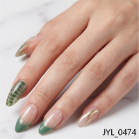 Lot de 24 faux ongles à presser, motif amande, vert dégradé, pointe française, pailletés, tendance et faciles à poser