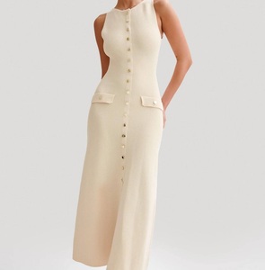 Bouton revers coupe ajustée tricoté femmes sans manches bouton O cou pull robe bouton côtes mince Ribeed élégant Maxi robe 2905 - Product Image 1