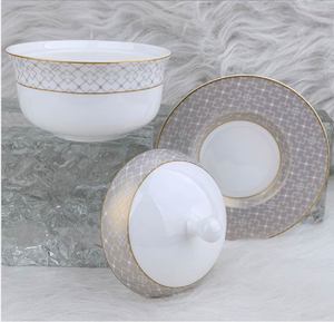 Premium Porcelain Bird Nest Dessert Bowl with <b>Lid</b> and Underplate, Delicate Floral Motif Golden Rim Covered Soup Cup for Catering - Product Image 2