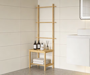 Bamboo <strong>Bathroom</strong> Shelf <strong>Storage</strong> Rack Chair <strong>Seat</strong> with Towel Holders Free Standing Space Saving Rack - Product Image 2